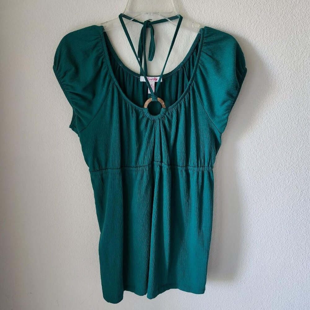 LENA Y2k green boho gauze top tie neck  Sz M baby doll style vintage cottage